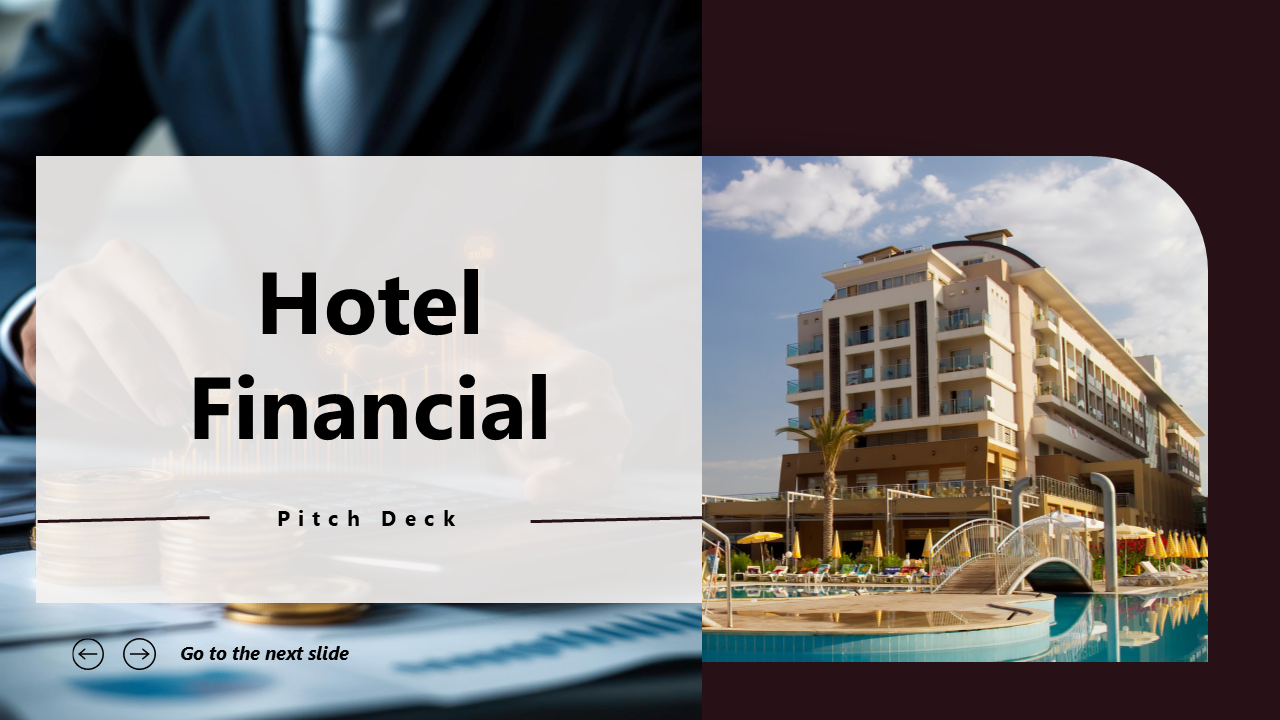 Hotel finance pitch deck feature revenue charts, financial insights, and market potential in a polished, maroon-based layout.