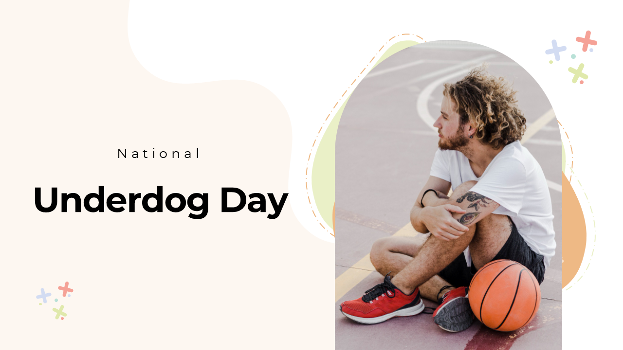 National Underdog Day slides with dog images, light-colored shapes, and text on history, celebration, and persistence.