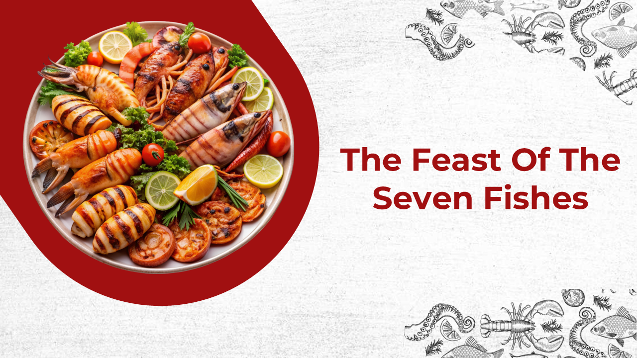 Feast Of The Seven Fishes template with seafood dishes, red accents, and slides on traditions, symbolism, and history.