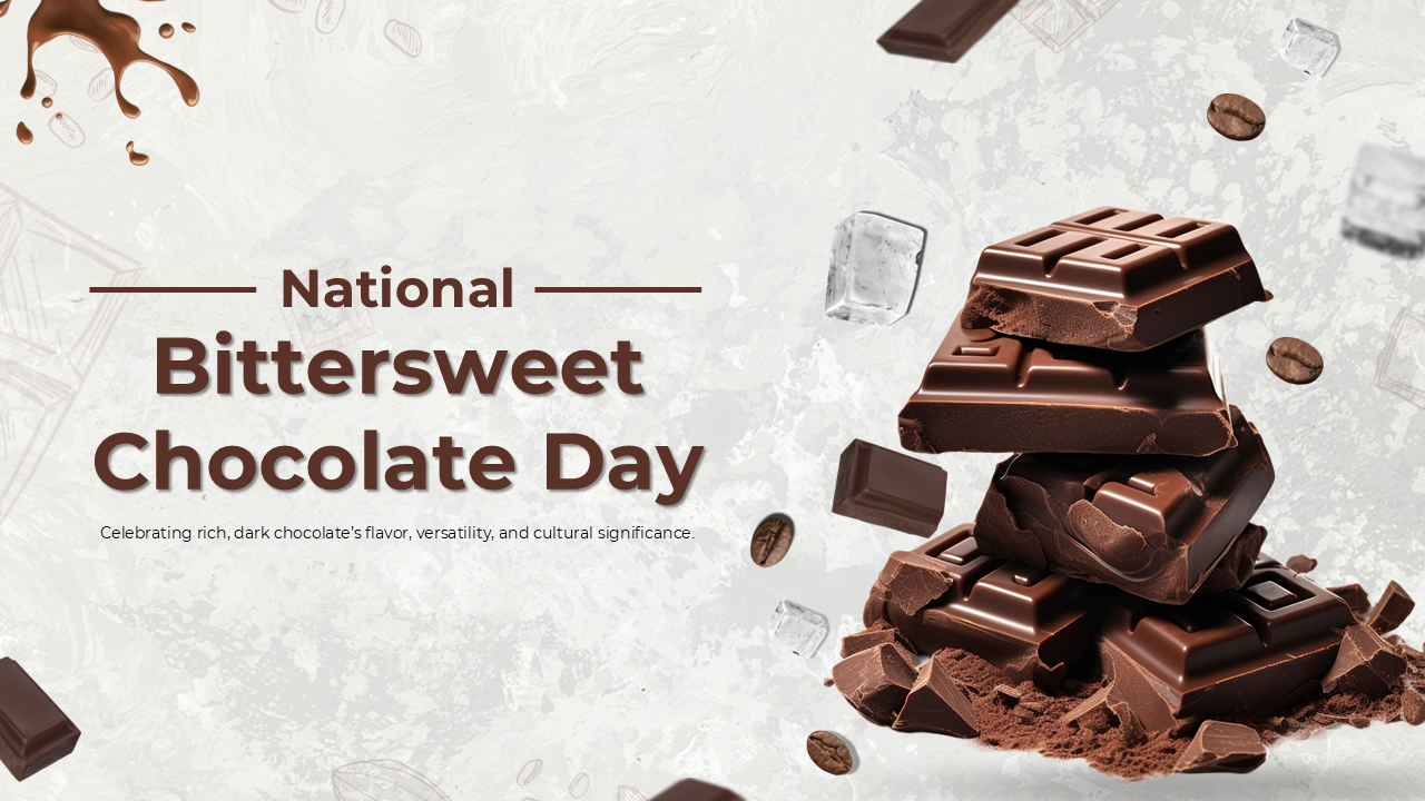 Slides featuring stacked bittersweet chocolate visuals, text blocks, and a celebratory theme for National Chocolate Day.