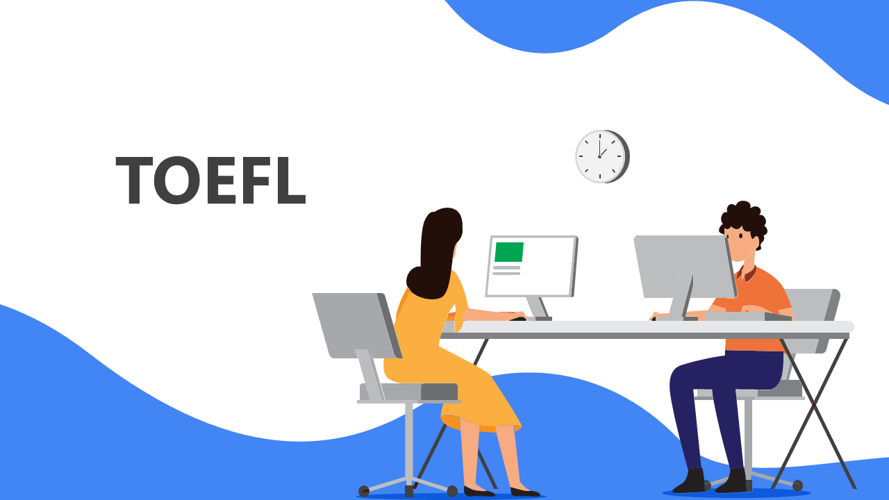 TOEFL slides with blue and white backgrounds, visuals of test-takers, section icons, and detailed scoring and test schedule.