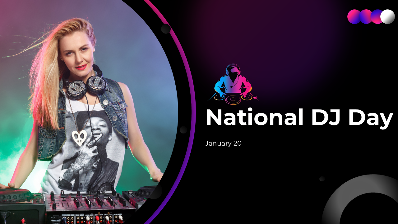 Vibrant National DJ Day presentation featuring DJ history, music culture, and celebration ideas with bold and dynamic visuals