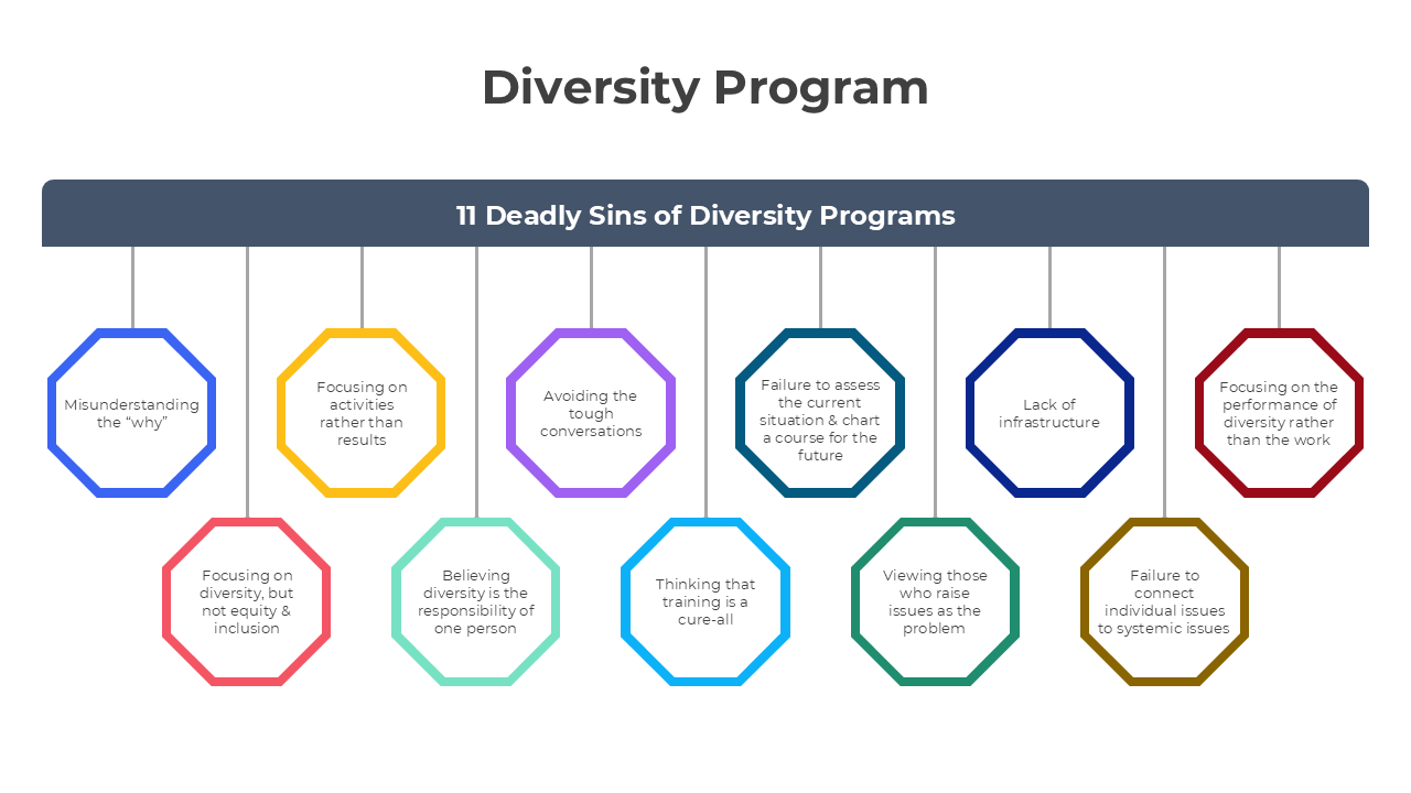 Diversity Program presentation with circular icons and arrows, emphasizing maturity stages and program benefits.