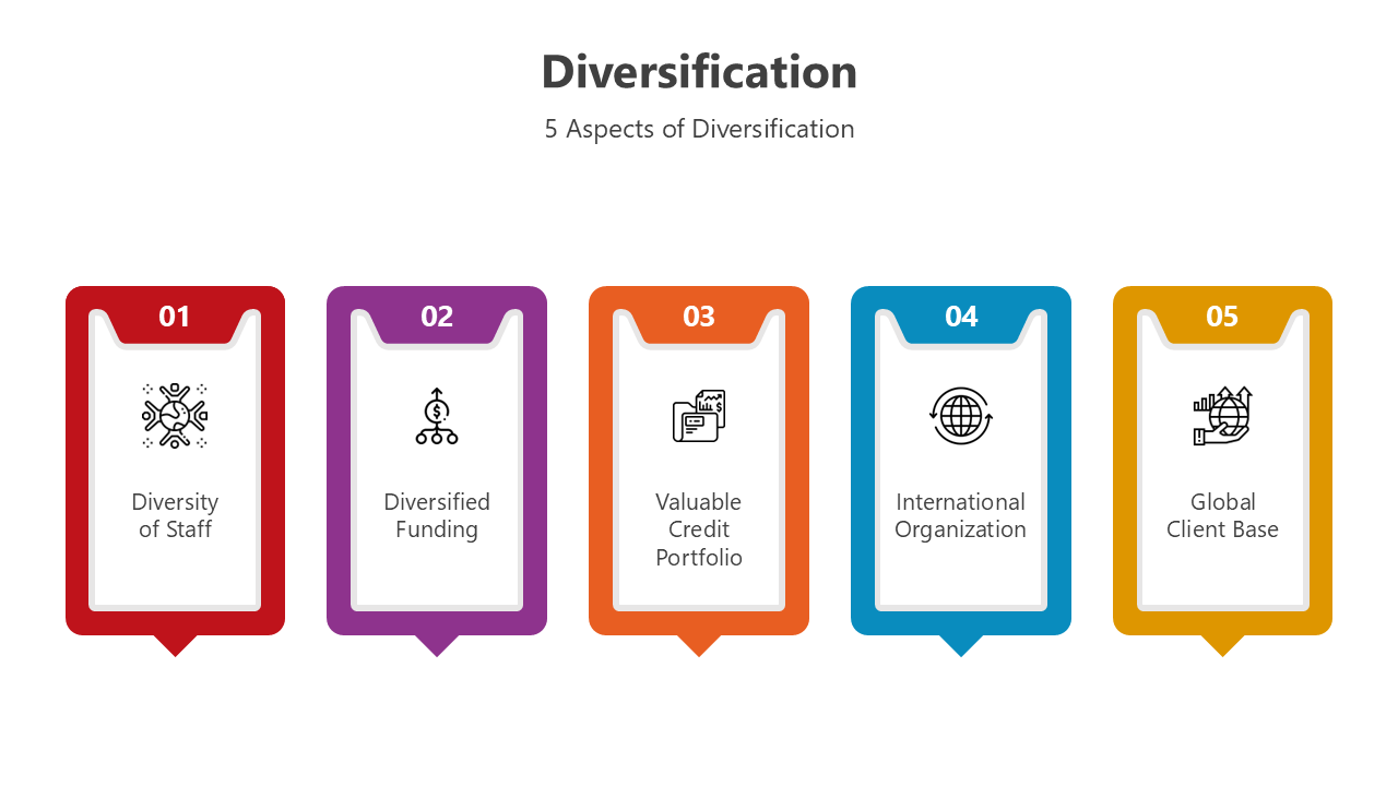 Colorful diversification infographic showing five aspects: staff, funding, credit portfolio, global clients, and more.