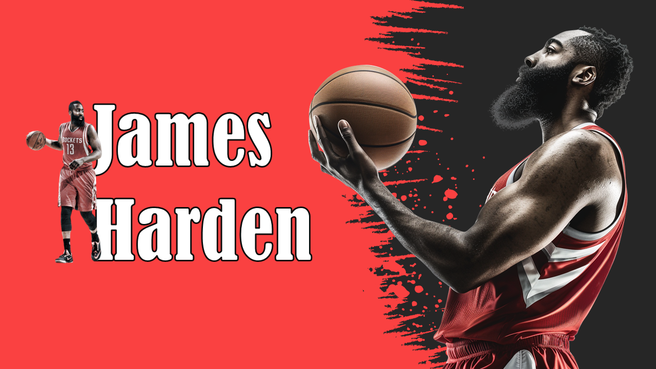 James Harden deck with bold red and black design, dynamic photos, text holders, stats, achievements, and career highlights.