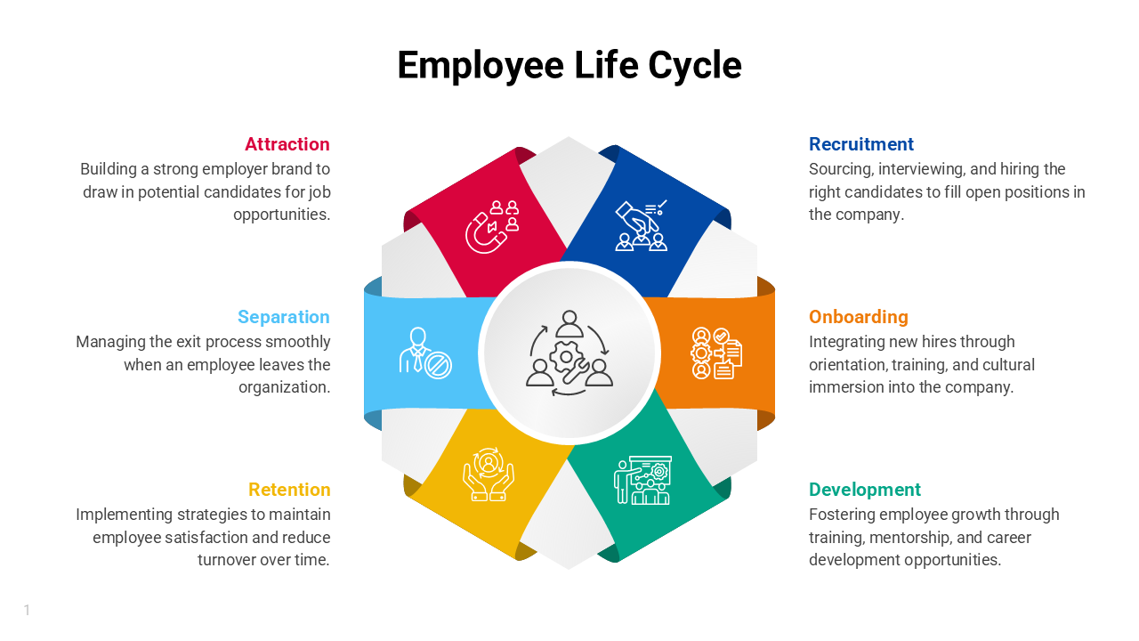 Employee lifecycle infographic depicting attraction, recruitment, onboarding, development, retention, and separation stages.