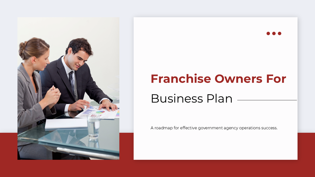 Franchise Owners For Business Plan with red accents, mission, services, market analysis, and financial visuals.