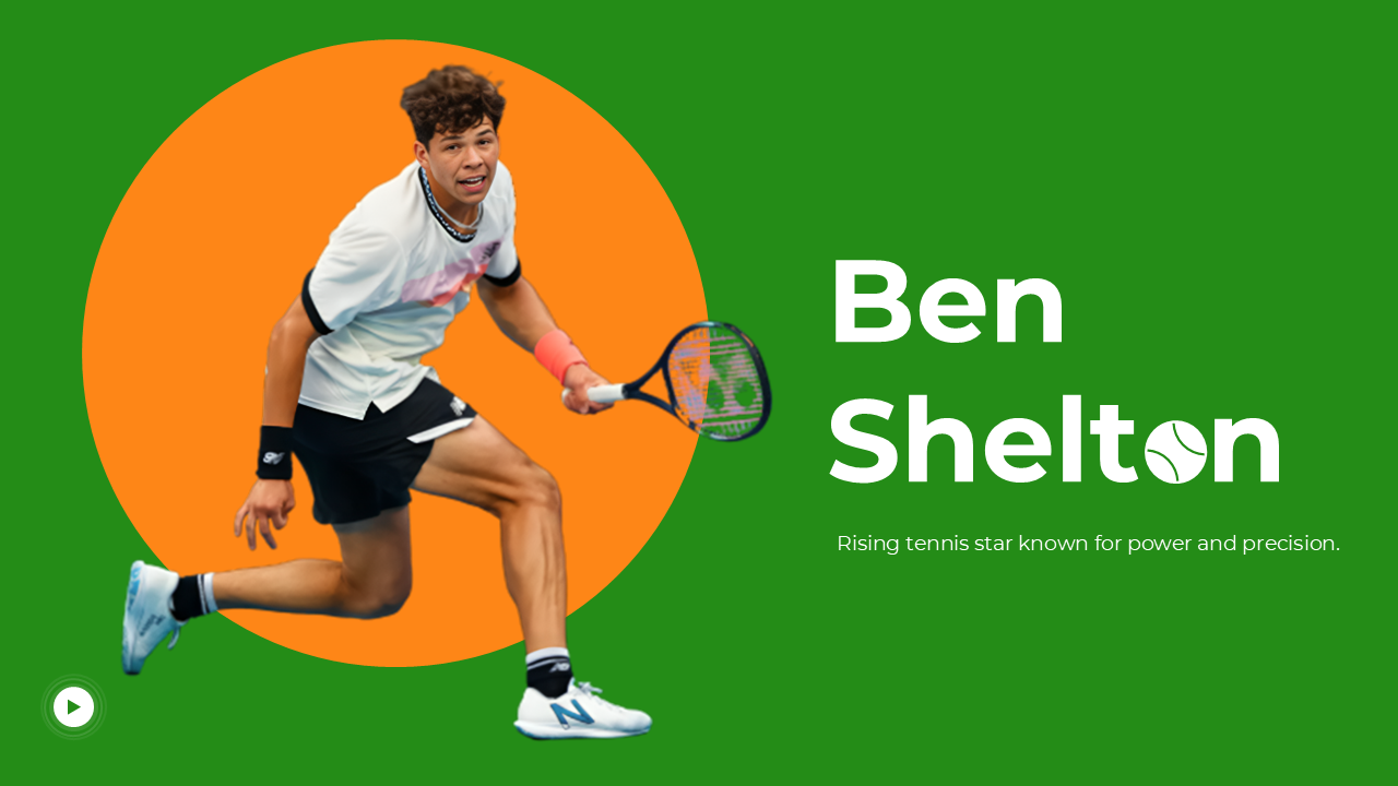 Ben Shelton presentation with green-orange theme, career highlights, personal life journey, and achievements layout.