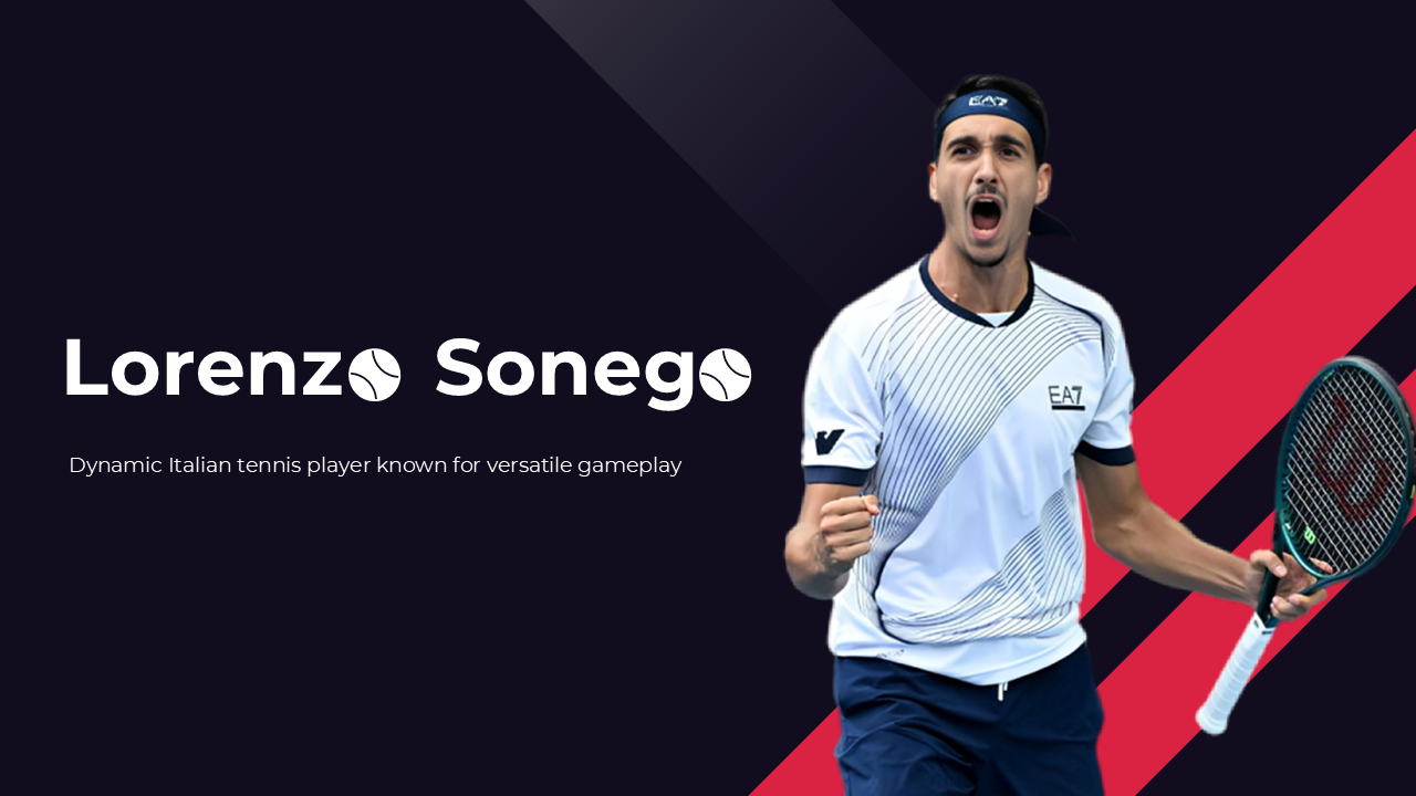 Lorenzo Sonego slide deck with bold navy-red theme, career highlights, playing style, personal life, and achievements.