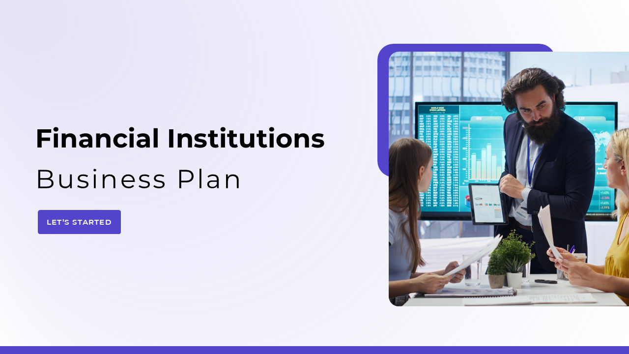 Financial Institutions Business Plan with charts, market trends, services, and blue-purple theme visuals.