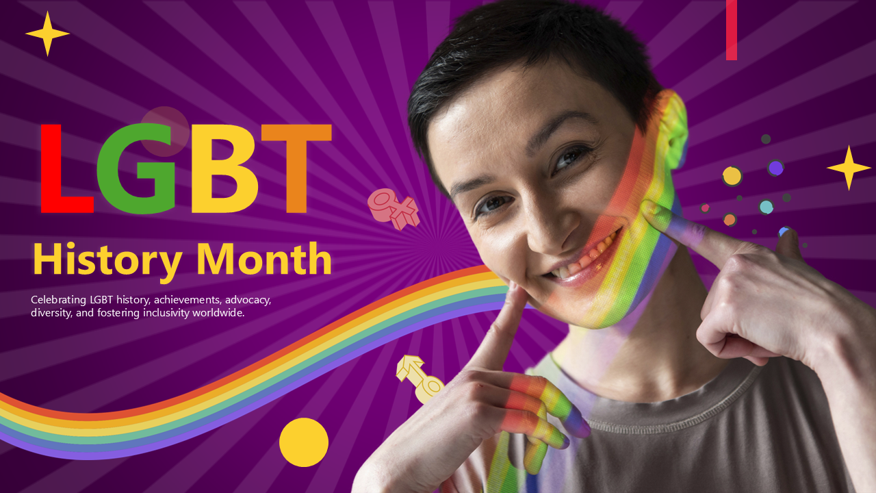 LGBT History Month slides with vibrant designs, rainbow graphics, diverse imagery, milestones, and editable captions.