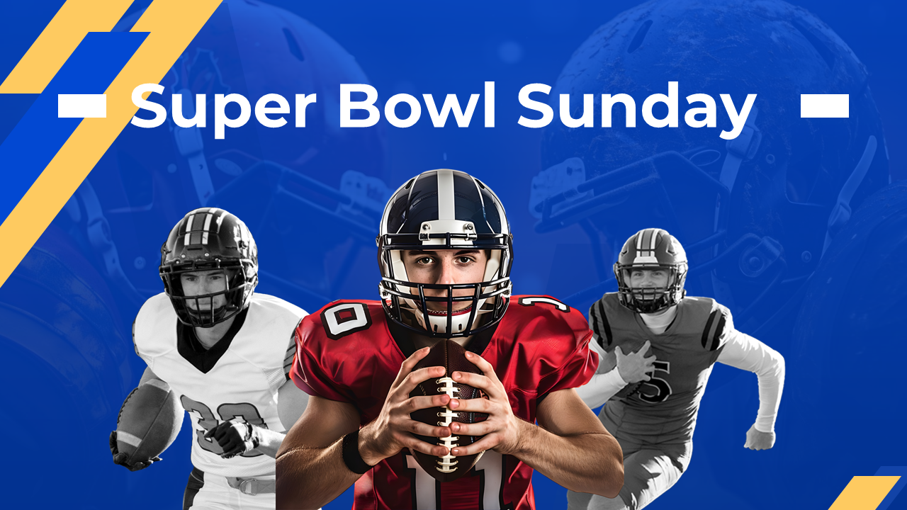 Super Bowl Sunday slide deck with colorful design, covering history, traditions, food trends, and key moments of the event.