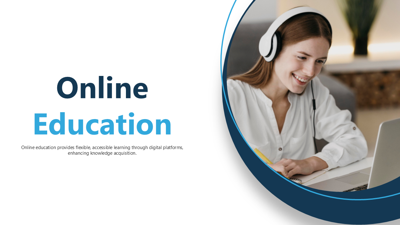 Online Education template with blue theme, student visuals, structured layout, infographic elements, and text placeholders.