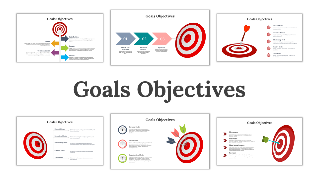 Group of slides with goals, objectives, and text areas with visual elements like targets and arrows to emphasize achievement.