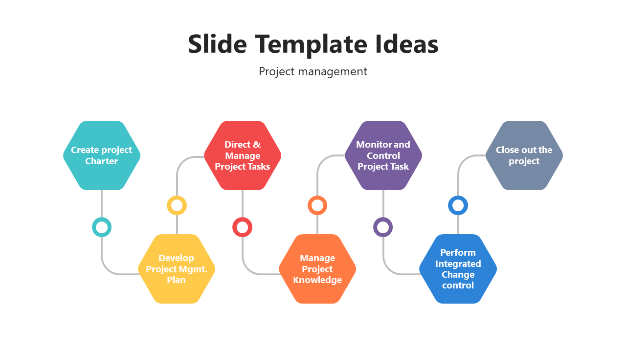 A pack of colorful flowchart slides showing project management stages with different layout designs and icons.