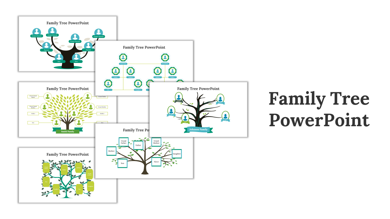 Set of family tree slides with various tree designs and layouts to display family relationships.