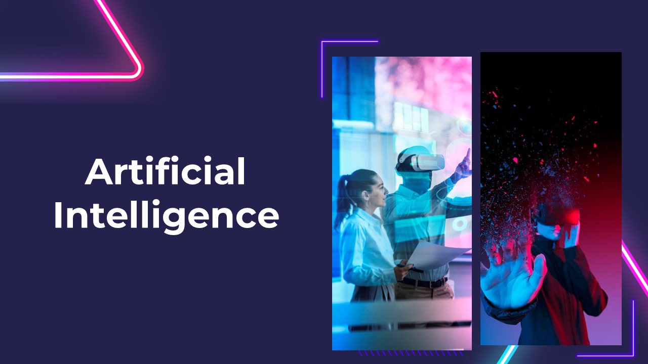 A pack of Artificial intelligence slides covering AI related topics with images and descriptions on a purple backdrop.