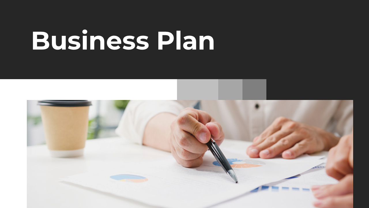 Business plan slide deck showcasing graphs, datas, text, and images, in black and white theme.