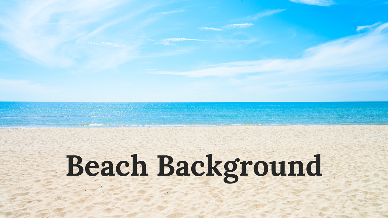 Slide deck with beach scenes, showing sandy shores, ocean views, palm trees, and inspirational quotes.