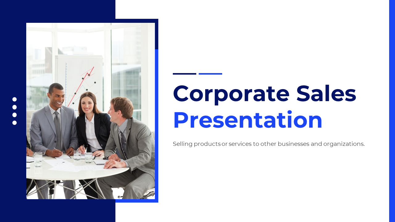 Corporate sales PPT featuring a meeting scene with a team discussing strategies, complemented by informative slides.