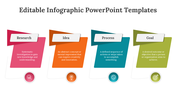 Slide pack with colorful research, idea, process, and goal sections shown in different layouts and designs.