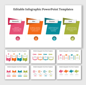 Slide pack with colorful research, idea, process, and goal sections shown in different layouts and designs.