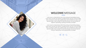 Business introduction template with a photo of a woman, network themed background, and contact icons.