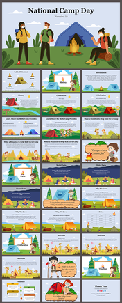 National camp day slide deck cover with camp illustrations and slide previews featuring camping activities and facts.