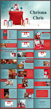 Christma chris themed slides with a large red gift box and various images and text including secret santa rules.