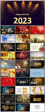 2023 new year slide deck featuring gold and festive decorations, lights, and celebratory themes.