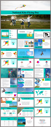 Pack of slides featuring colorful kite visuals, with sections on history, facts, and traditions in teal and white theme.