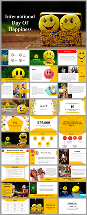 Slide deck for international day of happiness with a mix of text, images, and colorful smiley faces on themes. 