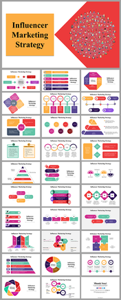 A pack of influencer marketing strategy slides featuring colorful diagrams, charts, and strategies with different layouts.