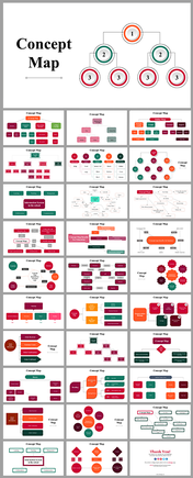 Concept map slide deck showcasing various flowchart and organizational diagram styles all placed in white background.