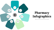 Slide deck of pharmacy-themed infographics, each slide featuring medical icons, charts, and diagrams in blue and green hues.