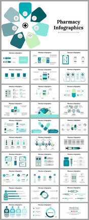 Slide deck of pharmacy-themed infographics, each slide featuring medical icons, charts, and diagrams in blue and green hues.