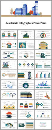 Colorful real estate infographics with buildings, homes, and data visuals explaining key property market information.