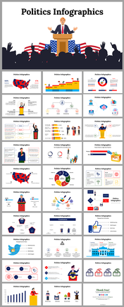 Slides featuring various infographics about political data, voting trends, candidates, and government statistics.