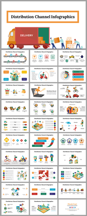 Slide pack showing distribution with delivery related icons including trucks, and warehouses in vibrant colors.