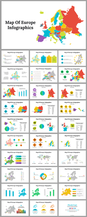 European map infographic slide deck with elements including pie charts, bar graphs, and icons.