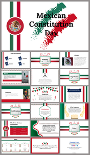 Mexican constitution day slides featuring red, green, and white colors with various sections on history and celebration.