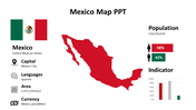 Mexico slide with population stats, national flag, capital, and a red map showing the country’s outline.