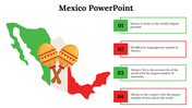 Map of Mexico with two colorful maracas in the center, and four fact boxes in green and red on the right side.