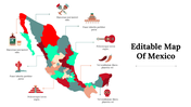 Illustrated map of Mexico with various icons like maracas, chili peppers, and a guitar representing cultural items.