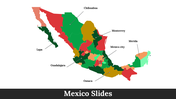 Colorful map of Mexico with major cities labeled, featuring various shades across states on a white background.