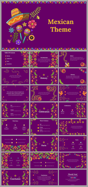 Slide deck with purple background and traditional Mexican illustrations outlining history, facts, and celebration.