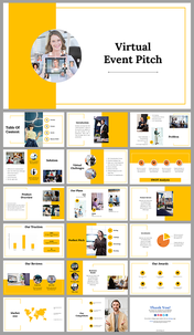 PowerPoint slides for a virtual event pitch with sections on solutions, market, and SWOT analysis on a yellow theme.