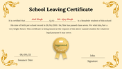 School leaving certificate with gold decorative ornate borders and an Approved seal on a beige background.