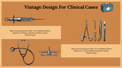 Vintage medical tools illustrated on a slide, including a syringe, forceps, stethoscope, and a medical kit icon.