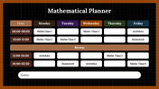 Weekly mathematical planner timetable layout for math classes, activities, and homework, plus a recess and notes section.